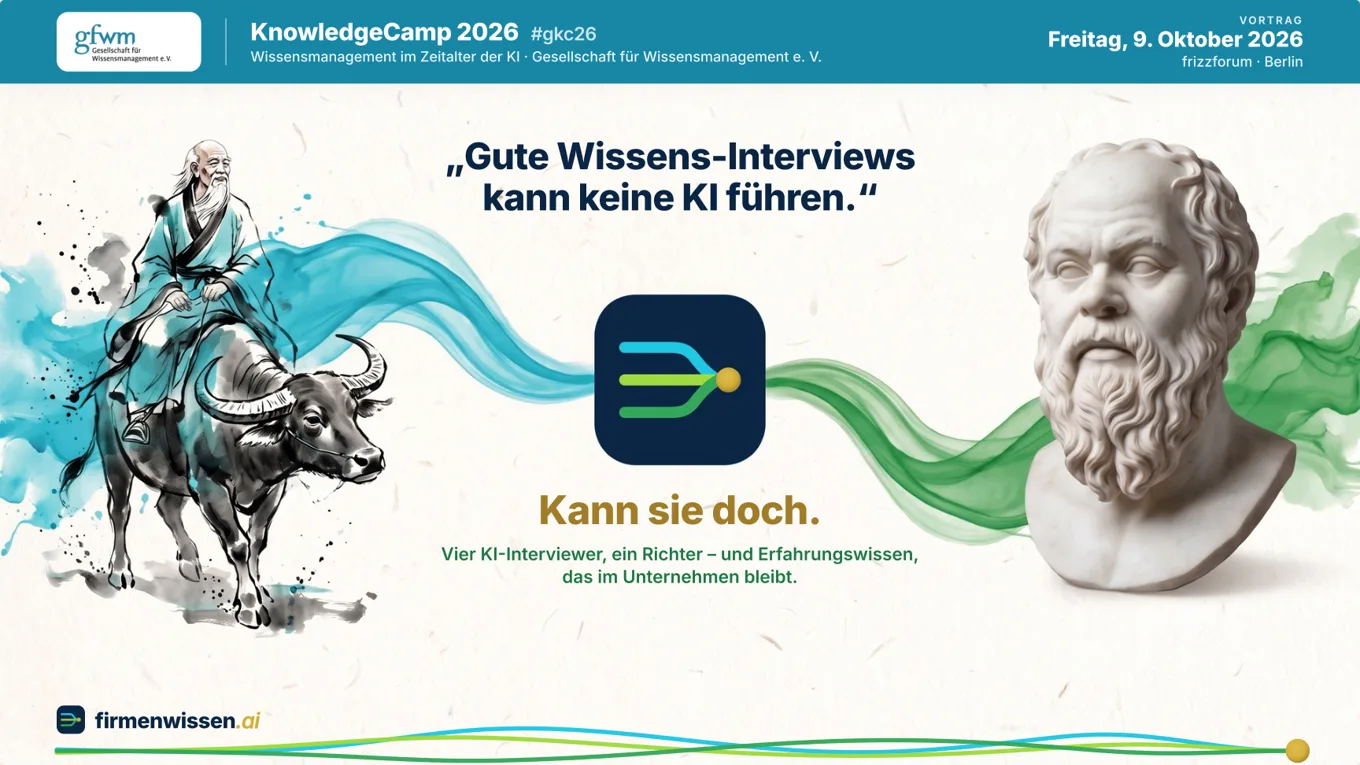 Titelfolie des Vortrags: „Gute Wissens-Interviews kann keine KI führen.“ Kann sie doch. KnowledgeCamp 2026, Berlin